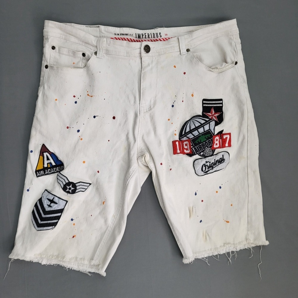 Imperious Mens White Paint‎ Splatter Denim Shorts Military Patches Slim Fit 38